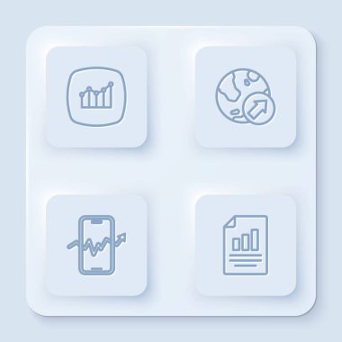 Finansal büyüme, mobil hisse senedi ticareti ve grafik grafikli belge hattı belirleyin. Beyaz kare düğme. Vektör