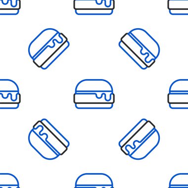 Çizgi Burger simgesi beyaz arkaplandaki kusursuz deseni izole etti. Hamburger ikonu. Çizburger sandviç tabelası. Fast food menüsü. Renkli taslak konsepti. Vektör