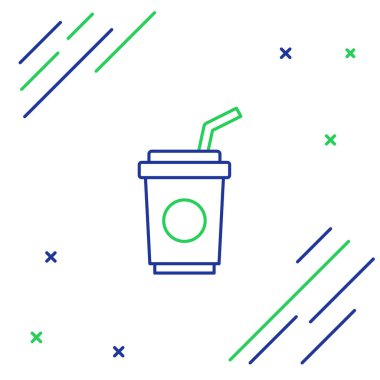 Beyaz zemin üzerinde saman ve su ikonu olan çizgi kağıt bardak. Soda bardağı. Taze soğuk içecek sembolü. Renkli taslak konsepti. Vektör