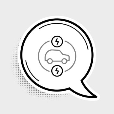 Elektrik hattı arabası ve elektrik kablosu şarj ikonu gri arka planda izole edildi. Yenilenebilir ekolojik teknolojiler. Renkli taslak konsepti. Vektör