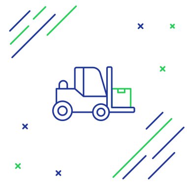 Forklift kamyon simgesi beyaz arkaplanda izole edildi. Çatal doldurucu ve karton kutu. Kargo teslimatı, nakliye, ulaşım. Renkli taslak konsepti. Vektör