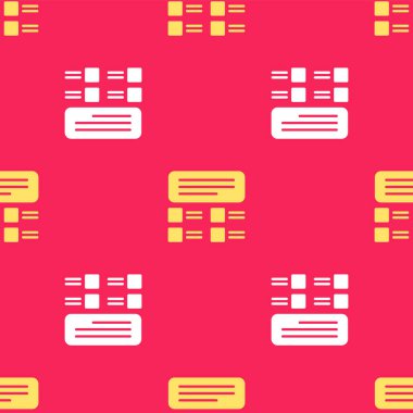 Sarı Çevrimiçi Sınav, Test, İnceleme veya Kontrol Listesi simgesi Kırmızı arkaplanda izole edilmiş kusursuz desen. Sınav listesi. E-eğitim konsepti. Vektör İllüstrasyonu.