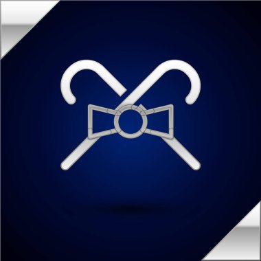 Koyu mavi arka planda izole edilmiş çizgili gümüş Noel şekeri çubuğu. Mutlu Noeller ve mutlu yıllar. Vektör.