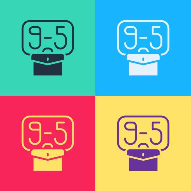 Pop Art 9: 00 'dan 5: 00' e kadar renkli arka planda izole edilmiş bir iş simgesi. Konsept, günlük çalışma saatleri anlamına geliyor. Klasik klasik iş. Vektör.
