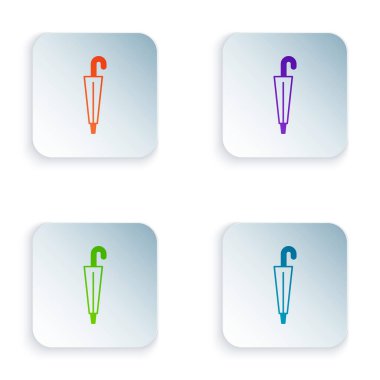 Beyaz arkaplanda izole edilmiş klasik klasik şemsiye simgesi. Yağmur koruma sembolü. Kare düğmelere renkli simgeleri yerleştir. Vektör