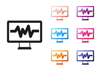 Beyaz zemin üzerinde kardiyogram simgesi olan siyah bilgisayar monitörü. Simge denetleniyor. Kalp atışı elle çizilmiş EKG monitörü. Simgeleri renklendirin. Vektör