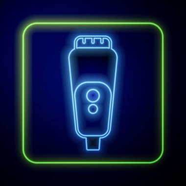 Mavi arka planda izole edilmiş erkek ikonu için parlak neon elektrikli tıraş bıçağı. Elektrikli tıraş makinesi. Vektör