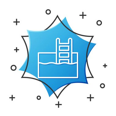 Beyaz arkaplanda izole edilmiş merdiven ikonu olan beyaz çizgi yüzme havuzu. Mavi altıgen düğmesi. Vektör.