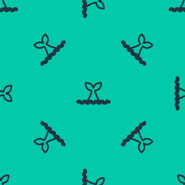 Okyanus dalgası ikonunda mavi çizgili balina kuyruğu yeşil arka planda izole edilmiş. Vektör.