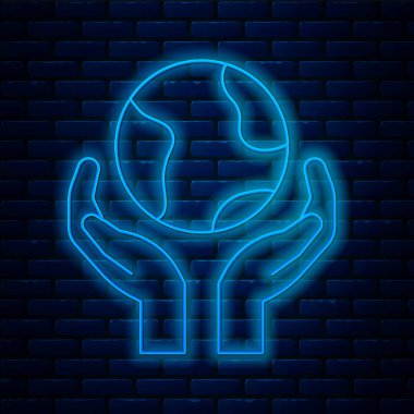 Parlayan neon hattı. Duvarın arkasında Dünya 'nın simgesini tutan insan elleri var. Dünya kavramını sakla. Vektör.