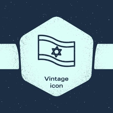 Grunge hattı İsrail bayrağı mavi arka planda izole edilmiş. Ulusal vatanseverlik sembolü. Tek renkli klasik çizim. Vektör.