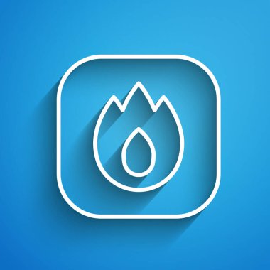 Beyaz çizgi Ateş alev ikonu mavi arkaplanda izole edildi. Uzun gölge. Vektör.