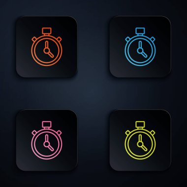 Renkli neon hattı Stopwatch simgesi siyah arkaplanda izole edildi. Zaman göstergesi. Kronometre işareti. Kare düğmelere simgeleri yerleştir. Vektör.