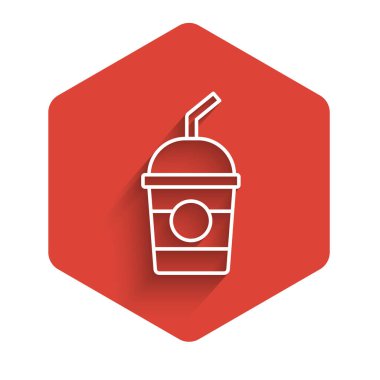 Beyaz çizgi milkshake ikonu uzun gölgeli izole edilmiş. Kapaklı ve samanlı plastik bardak. Kırmızı altıgen düğmesi. Vektör.