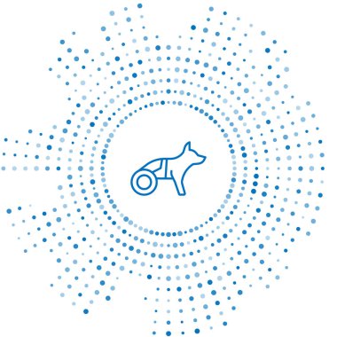 Tekerlekli sandalyedeki mavi çizgi felçli köpek beyaz arka planda izole edilmiş. Soyut çember rastgele noktalar. Vektör.