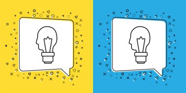 Sarı ve mavi arkaplanda izole edilmiş fikir simgesine sahip çizgi ampulü ayarlayın. Enerji ve fikir sembolü. İlham konsepti. Vektör.