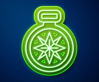 Parlayan neon hattı pusula simgesi mavi arkaplanda izole edildi. Rüzgâr yön bulma sembolü. Rüzgar gül işareti. Vektör