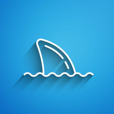 Okyanus dalgası ikonunda beyaz çizgi köpekbalığı yüzgeci mavi arkaplanda izole edilmiş. Uzun gölge. Vektör