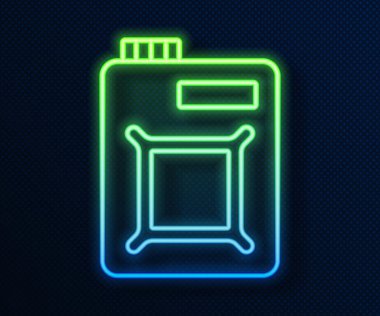 Mavi arka planda izole edilmiş motor makine yağı ikonu için parlayan neon hattı kutusu. Benzin bidonu. Yağ değiştirme ve onarım servisi. Motor yağı işareti. Vektör