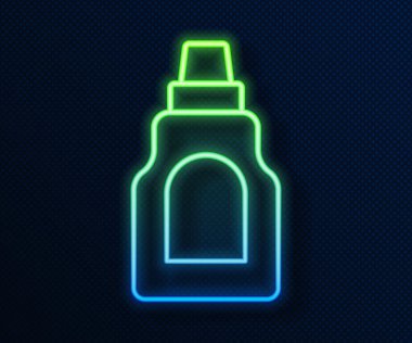 Parlak neon hattı. Çamaşır deterjanı, çamaşır suyu, bulaşık deterjanı ya da mavi arka planda izole edilmiş başka bir temizlik maddesi ikonu için plastik şişe. Vektör