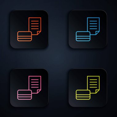 Renkli neon hattı kredi kartı simgesi siyah arkaplanda izole edildi. Çevrimiçi ödeme. Nakit çekilmesi. Finansal operasyonlar. Alışveriş tabelası. Kare düğmelere simgeleri yerleştir. Vektör