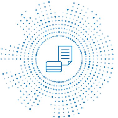 Mavi çizgi kredi kartı simgesi beyaz arkaplanda izole edildi. Çevrimiçi ödeme. Nakit çekilmesi. Finansal operasyonlar. Alışveriş tabelası. Soyut çember rastgele noktalar. Vektör