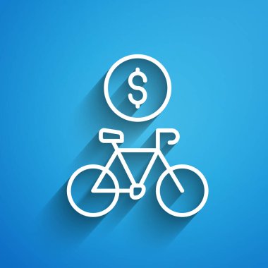 Mavi arkaplanda beyaz çizgi bisiklet kiralama mobil uygulama simgesi izole edildi. Şehirde bisiklet kiralamak için iyi bir servis. Paylaşım sistemi için mobil uygulama. Uzun gölge. Vektör