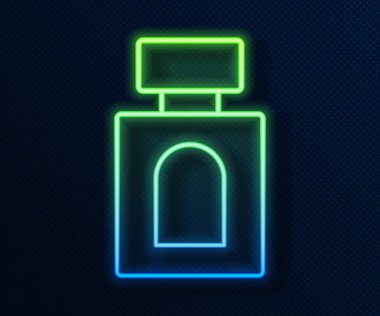 Parlayan neon hattı losyon ikonu mavi arka planda izole edildi. Parfüm spreyi ikonu. Erkek parfüm şişesi. Vektör