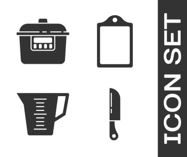 Set Bıçağı, Yavaş Fırın, Ölçme kabı ve Kesme tahtası simgesi. Vektör.