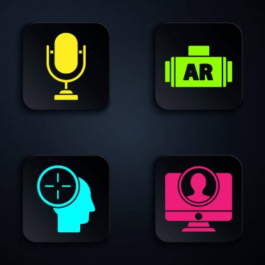 Hesap ekranı, mikrofon, kelle avlama konsepti ve artırılmış gerçeklik oluştur. Siyah kare düğme. Vektör.