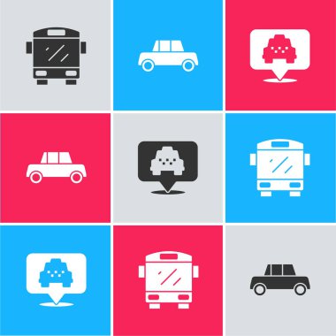 Otobüs, araba ve konumu taksi simgesiyle ayarlayın. Vektör