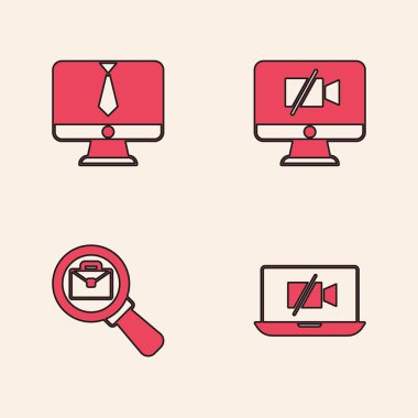 Kamerayı dizüstü bilgisayara, sohbet konferansına, bilgisayara ve evrak çantası simgesiyle büyütece ayarlayın. Vektör