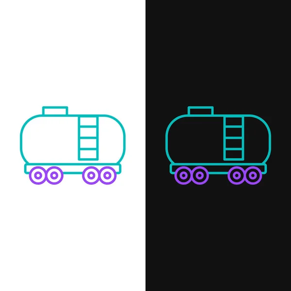 线条油铁路蓄水池图标隔离在白色和黑色背景 火车油箱在火车车厢上 铁路货运 石油工业 五彩缤纷的概念 — 图库矢量图片