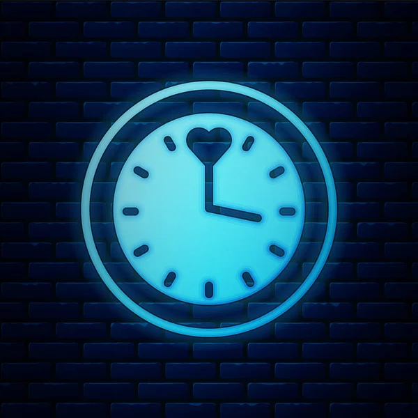 レンガの壁の背景に隔離されたネオン時計のアイコンを光る 時間の象徴だ ベクトル — ストックベクタ