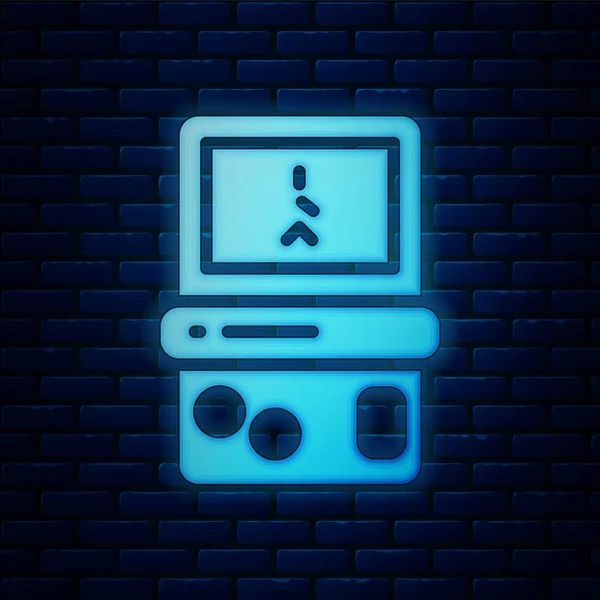 Светящийся Неоновый Портативный Тетрис Иконка Электронной Игры Изолированы Кирпичном Фоне — стоковый вектор