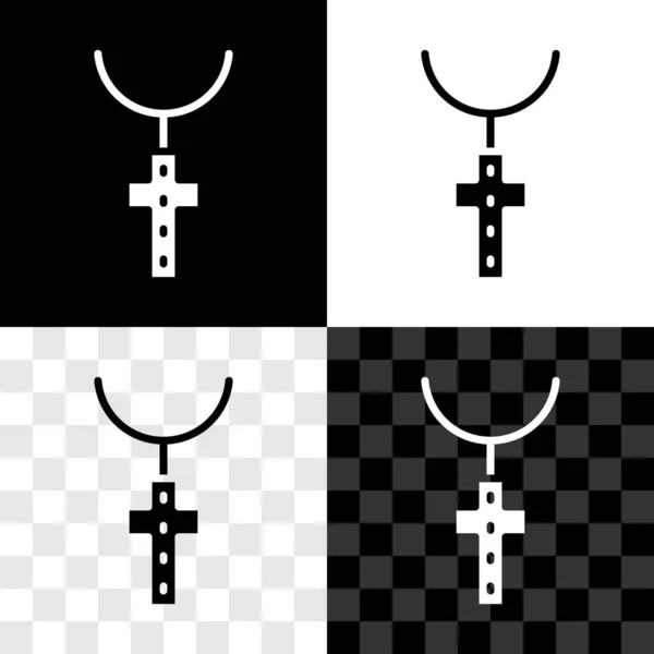 Set Christian Cross Chain Icon Isolated Black White Transparent Background — Stock Vector
