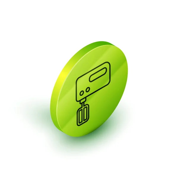 アイソメトリックライン白色の背景に絶縁された電気ミキサーアイコン キッチンブレンダー 緑色の丸ボタン ベクトル — ストックベクタ