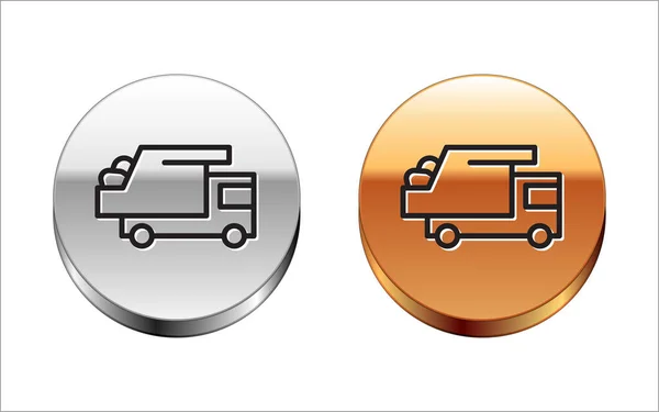 Schwarze Linie Müllwagen Symbol Isoliert Auf Weißem Hintergrund Silber Gold — Stockvektor