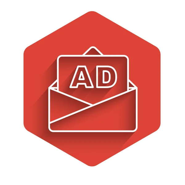 長い影で隔離されたホワイトライン広告アイコン マーケティングとプロモーションプロセスの概念 反応の良い広告 ソーシャルメディア広告 赤い六角形のボタン ベクトル — ストックベクタ