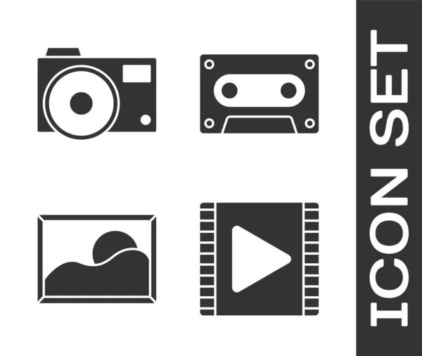Встановіть Піктограму Відтворення Відео Фотокамери Пейзажу Зображень Ретро Звукової Касети — стоковий вектор
