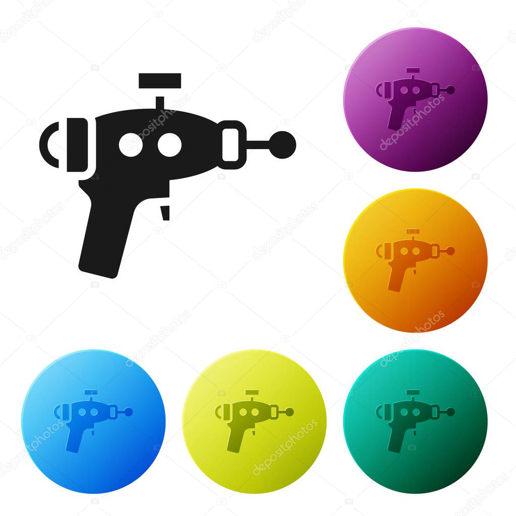 Black Ray gun icon isolated on white background. Laser weapon. Space blaster. Set icons in color circle buttons. Vector.