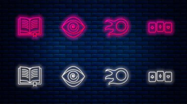 Hipnoz, Ateştopu, Eskiler 'in sihirli kitabı ve oyun kartları. Tuğla duvarda parlayan neon simgesi. Vektör.