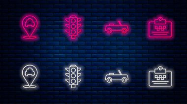 Trafik lambası, araba, taksi ve taksi ehliyeti olan bir yer ayarla. Tuğla duvarda parlayan neon simgesi. Vektör