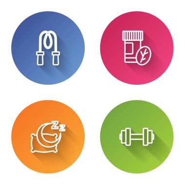 İp atlama, vitamin hapı uyku vakti ve Dumbbell. Renkli daire düğmesi. Vektör