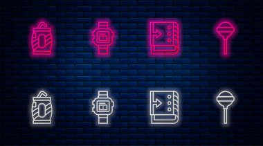 Bilek saatini ayarla, ses karıştırıcı kontrolörü, saman ve lolipopla soda kutusu. Tuğla duvarda parlayan neon simgesi. Vektör