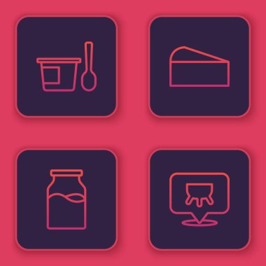 Kaşıklı yoğurt kabı, şişe sütü, peynir ve meme. Mavi kare düğme. Vektör