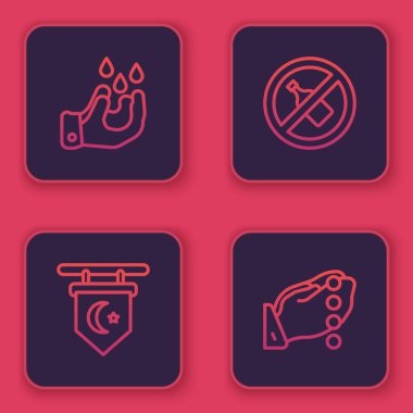 Hat Wudhu, Yıldız ve Hilal, Alkol ve Eller dua pozisyonunda değil. Mavi kare düğme. Vektör