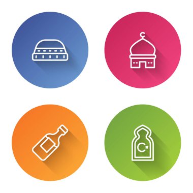 Dua etmek için Müslüman şapkası, cami, bir şişe su ve... Renkli daire düğmesi. Vektör