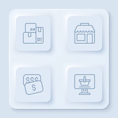 Yazar kasa, market, yeni fiyat etiketi ve alışveriş arabası ayarlayın. Beyaz kare düğme. Vektör