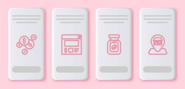 Dolar, online sipariş ve teslimat, kahve kavanozu şişesi ve konum marketi ile para akışını ayarlayın. Beyaz dikdörtgen düğme. Vektör